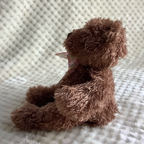 Cute Brown Plush Bear with Plaid Pink Purple Yellow Bow Stuffed Animal Toy - Picture 7 of 10